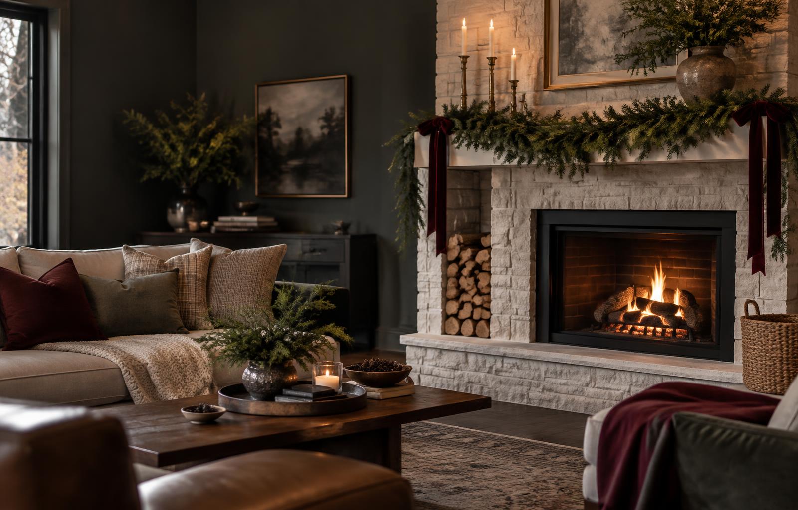 A warm fireplace with evergreen mantel greenery and subtle holiday decorations